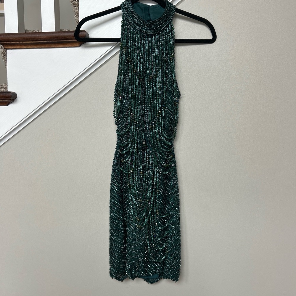 Sherri Hill Teal Beaded Mini Dress